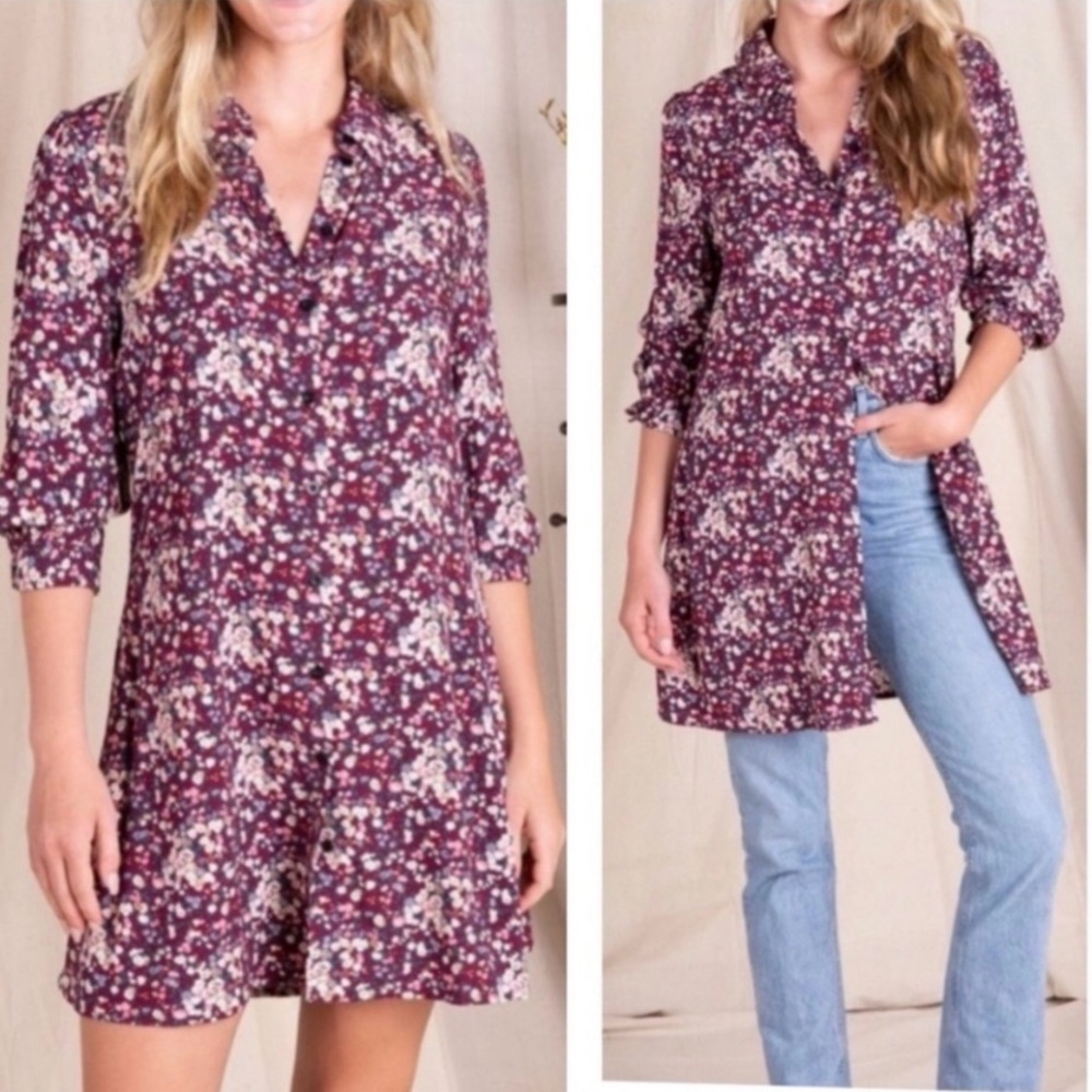 NWT Natural Life Women’s Floral Boho 3/4 Sleeve Collared Shirt Dress Burgundy L - Picture 2 of 14